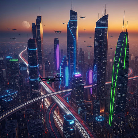 Aerial view of skyscrapers and highway at sunsetの写真素材