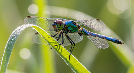 dragonfly on a blade of grass in the morning dew dropsの写真素材
