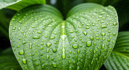 Green leaf with water droplets, close-up. Nature backgroundの写真素材