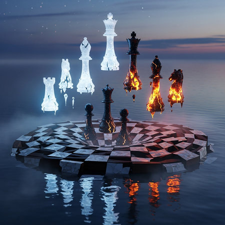 Chess battle in the night sky. 3d rendering. Computer digital drawing.の写真素材