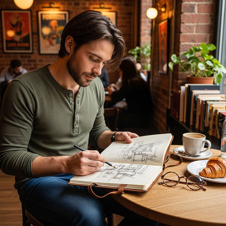 Handsome young man drawing a blueprint in a coffee shop.の写真素材