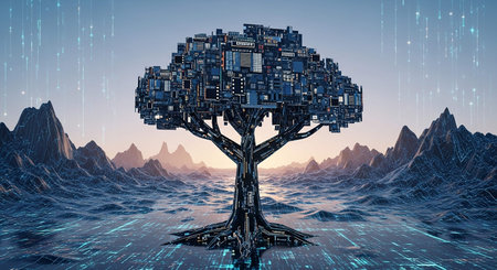 Futuristic tree with binary code, 3d render, computer generated backgroundの写真素材