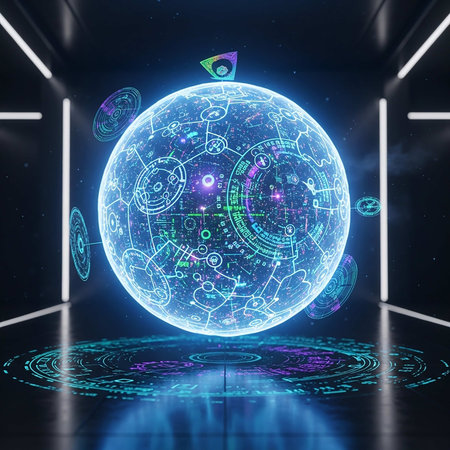 Glowing planet hologram with technological elements. 3D Rendering
