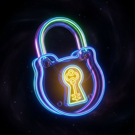 Glowing neon padlock with keyhole on dark background. Vector illustration.の写真素材