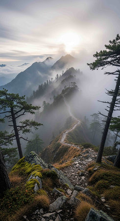 Mountain trail in the fog at sunset. Caucasus Mountains, Russiaの写真素材