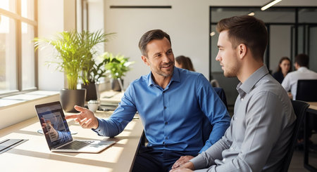 Smiling businessman and businesswoman looking at laptop screen in modern office, copy spaceの写真素材