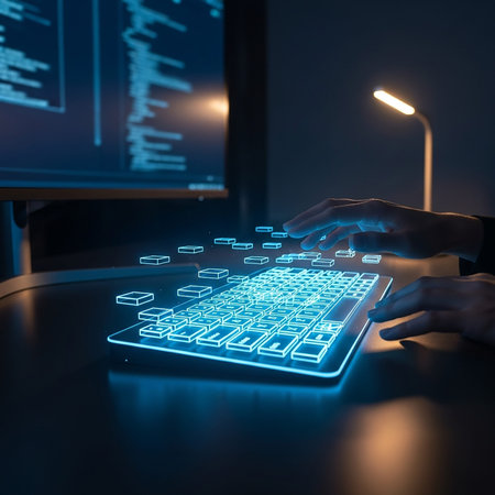 Programmer hand working with computer on table in dark office. Programming and coding concept.
