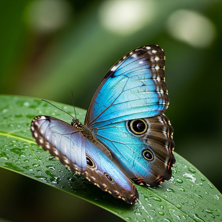 Blue Morpho butterfly sitting on a leaf in a rain forest.