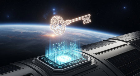 Cyber security concept with key against digitally generated image of space stationの写真素材