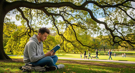 Young man reading a book in a park in London, UK.の写真素材