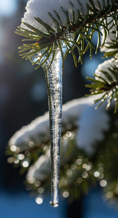 Icicle hanging from the branches of a spruce in winter