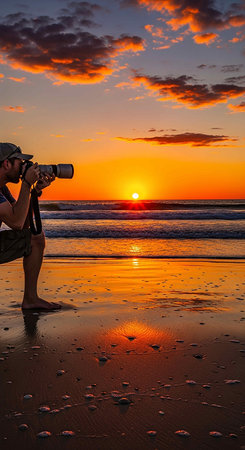 Photographer taking photo of beautiful sunset on the beach at sunrise.