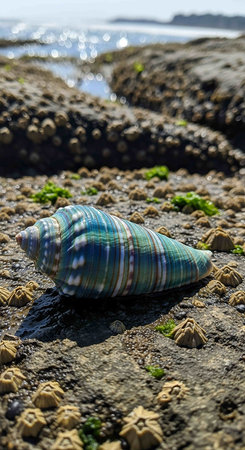 Seashell on the beach with seaweed in the background.の写真素材