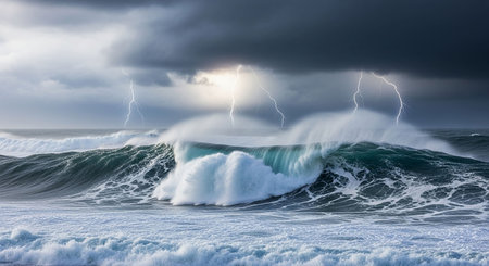 Stormy ocean wave with lightning and stormy sky. 3d rendering