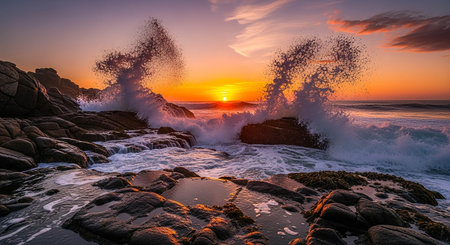 Beautiful sunset over the ocean with waves crashing on the rocks.の写真素材