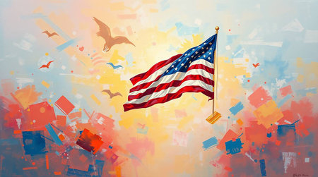 American flag on abstract background with flying birds. 3D illustration.の写真素材