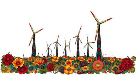 Wind turbines and flowers on a white background. Hand drawn illustration.