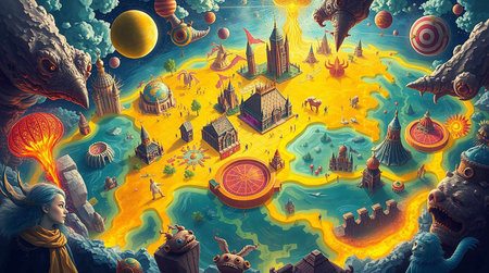 Fantasy landscape with fantasy castles and planets. 3d illustration.
