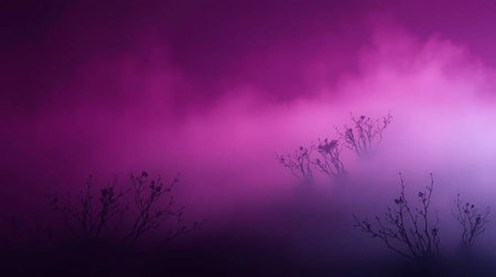 Foggy landscape with silhouettes of wildflowers on a dark backgroundの写真素材