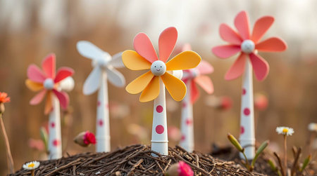 Colorful toy windmills on a meadow in springtime