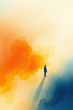 Silhouette of a man standing on the edge of a cloudの写真素材