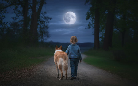Boy and dog in the forest at night with full moon in the backgroundの写真素材