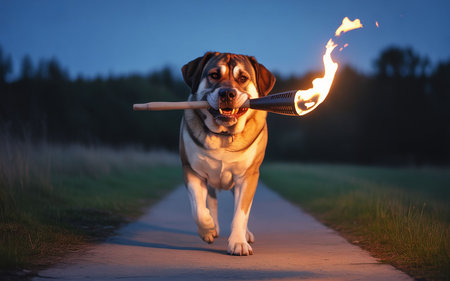 dog with a torch in his mouth walks on the road at nightの写真素材