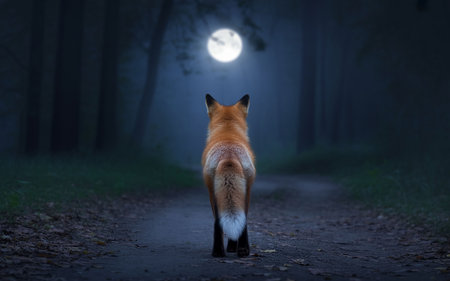 Red fox at night in the forest with full moon in the backgroundの写真素材