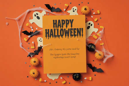 Halloween background with pumpkins, ghosts and candy on orange backgroundの写真素材