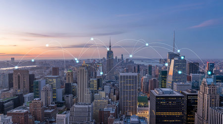 New York City skyline with skyscrapers and world map connection technology conceptの写真素材