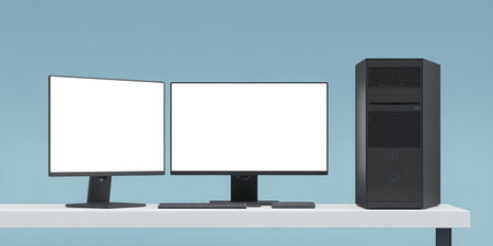 Desktop computer with blank screen isolated on blue background. 3D Renderingの写真素材