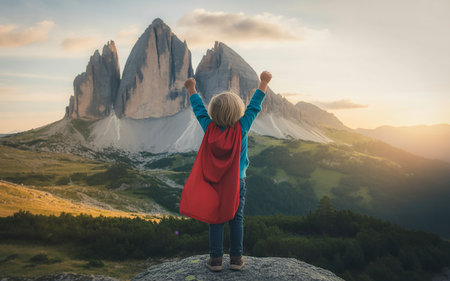 Little girl in red cloak stands on the top of the mountain and looks at the Dolomitesの写真素材