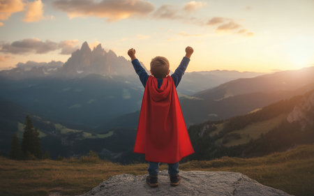 Kid with raised hands standing on top of the mountain.の写真素材