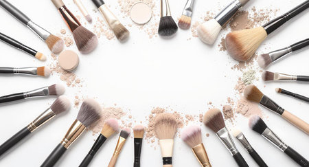 collection of make up and cosmetic beauty products arranged in circle shape on white backgroundの写真素材
