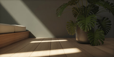 3d render of a living room with a sofa and a plantの写真素材