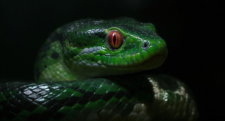 Close-up of the head of a green snake on a black backgroundの写真素材