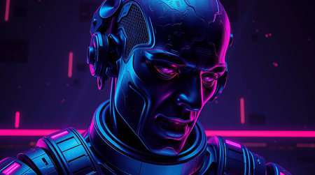 Cyborg portrait in neon light, 3d rendering. Computer digital drawing.