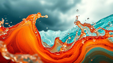 Splashes of orange and blue water. 3d rendering, 3d illustration.