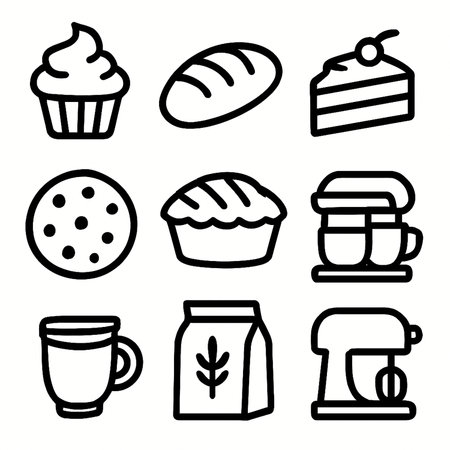 Coffee and bakery icons set. Outline set of coffee and bakery vector icons for web design isolated on white backgroundの写真素材