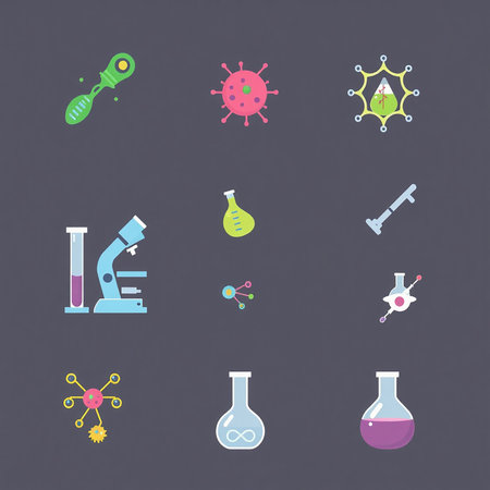 Science icons set. Vector illustration in a flat style. Isolated on grey background.の写真素材