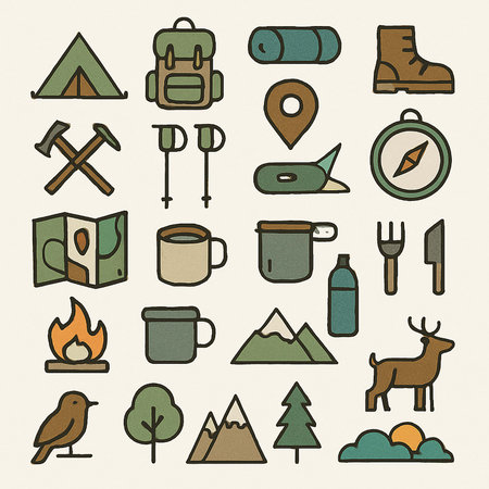 Camping and hiking icons set. Vector illustration of camping equipment.の写真素材