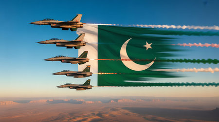 Pakistan air strike concept, military fighter jets with Pakistan flag on the background. 3d illustrationの写真素材
