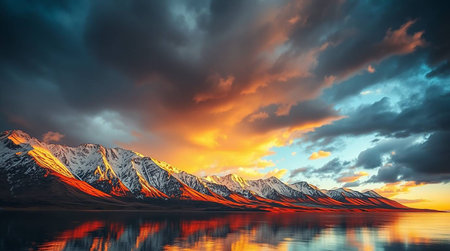 Mountain landscape at sunset. Panoramic view of snowy mountains and lake.の写真素材