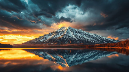 Mountains reflected in a lake at sunset, Alaska, USA.の写真素材
