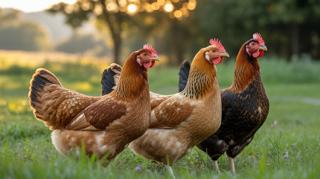 chickens on a farm in the evening, beautiful photo digital pictureの写真素材