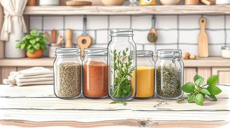 Herbs and spices in glass jars on the kitchen table. Vector illustration.の写真素材