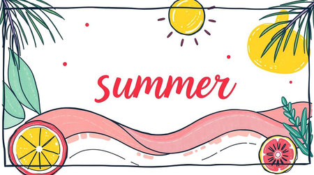 Summer card with hand drawn text and summer elements. Vector illustration.