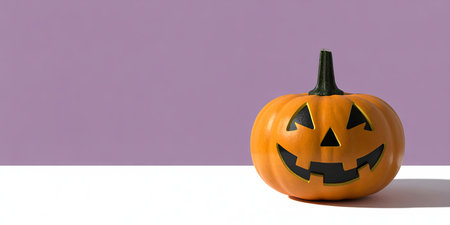 Halloween pumpkin on the white and purple background with copy space.の写真素材
