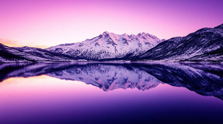 Mountains reflected in the calm water of a mountain lake at sunsetの写真素材