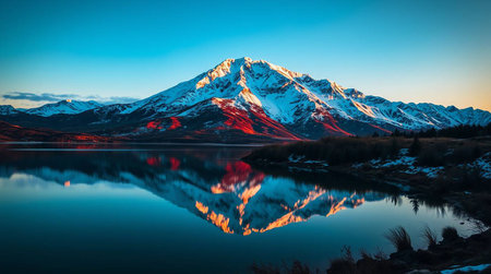Mountains reflected in the lake at sunset, New Zealand, South Islandの写真素材